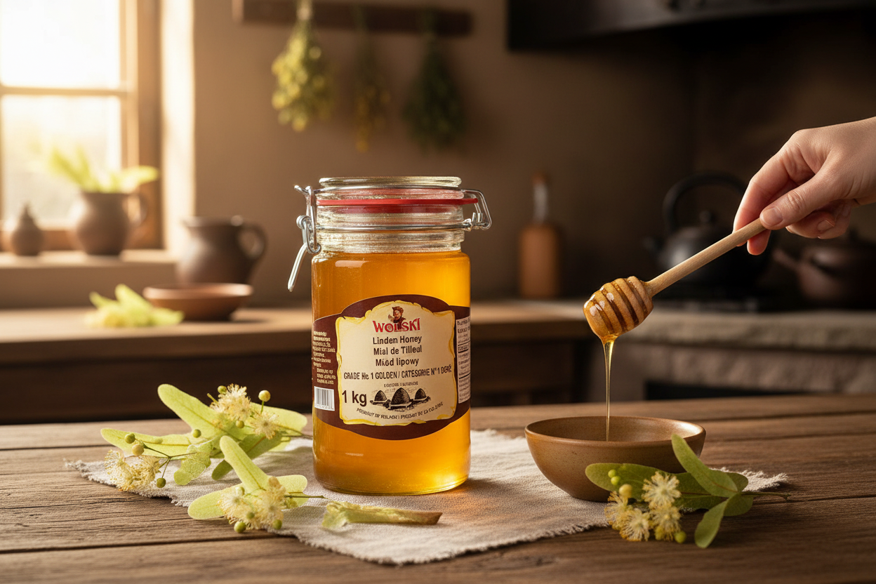 Wolski 1kg linden honey jar on a rustic Polish kitchen table with linden blossoms and honey dipper
