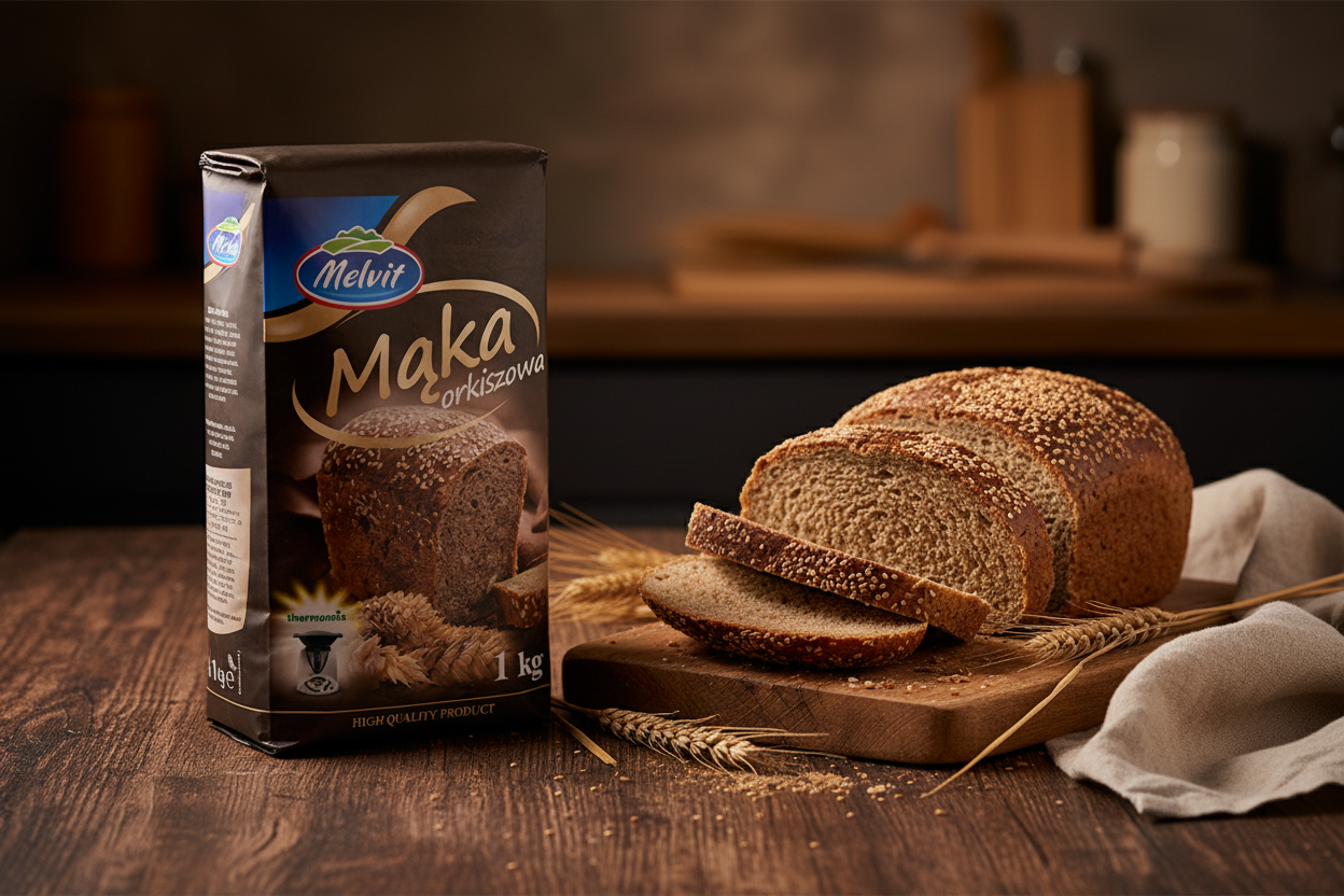 Melvit spelt flour bag on a dark wooden table with a dense sesame-topped spelt loaf sliced on a wooden board