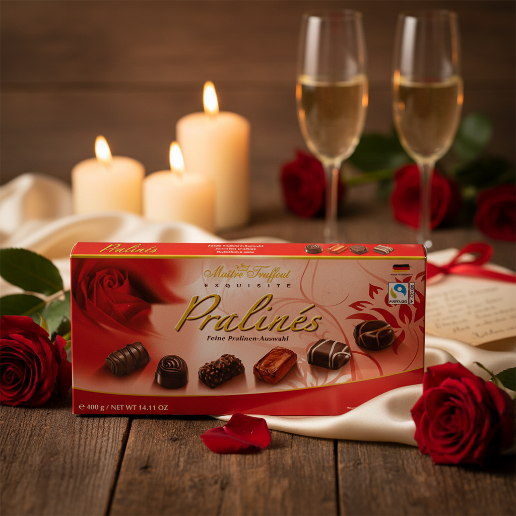 Maitre Truffout Exquisite Pralines Red Box with realistic romantic Valentine's background