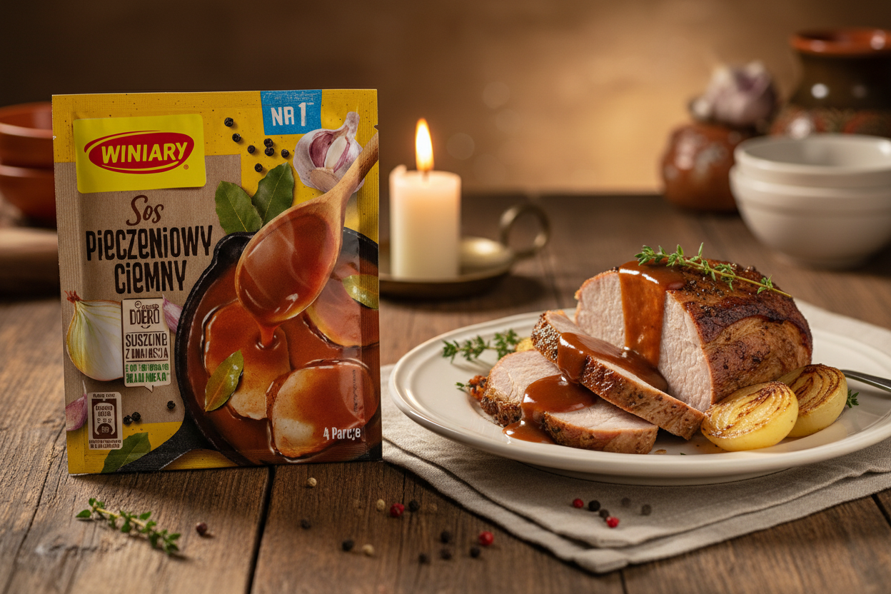 Winiary dark roast gravy packet on a wooden table with sliced roast pork loin on a white plate with rich dark glossy gravy poured over it and roasted onion halves and fresh thyme alongside