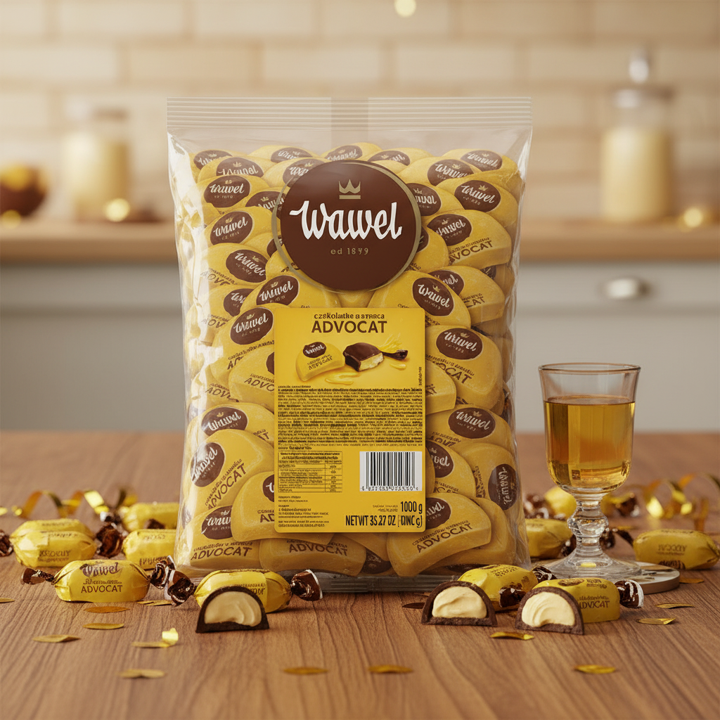 Wawel Advocat 1kg bag at a festive gathering with scattered chocolates and advocaat liqueur