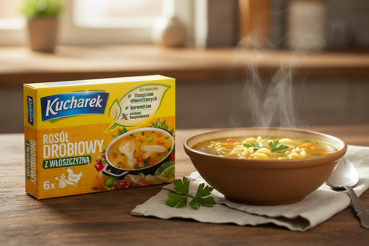 Kucharek poultry broth with vegetables bouillon box on a wooden table with a steaming bowl of golden broth with vegetable pieces carrots parsley celery and thin noodles