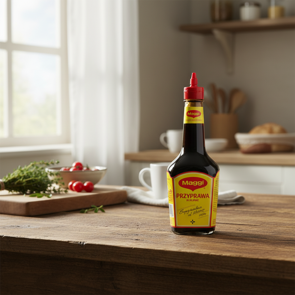 Maggi Seasoning Sauce on a rustic kitchen table lifestyle shot