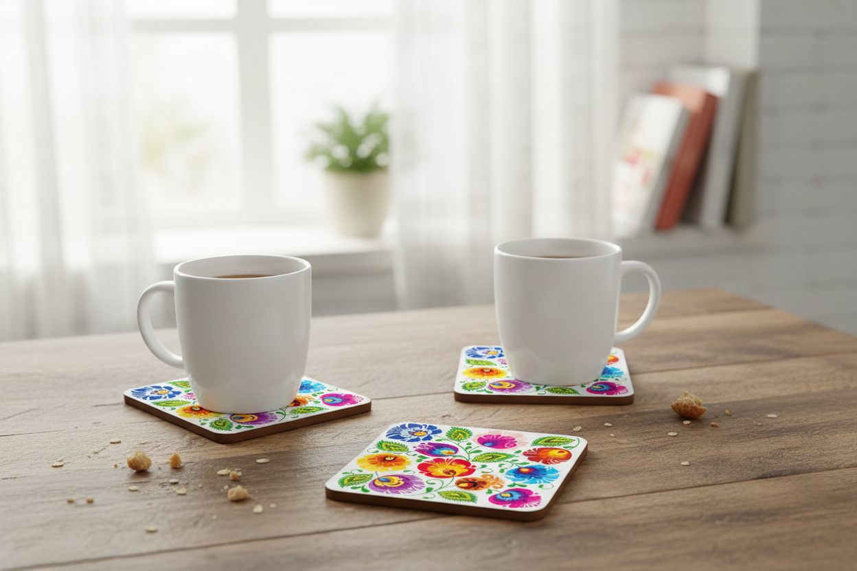 Folkstar Łowicz white folk cork coasters on a kitchen table with white ceramic mugs
