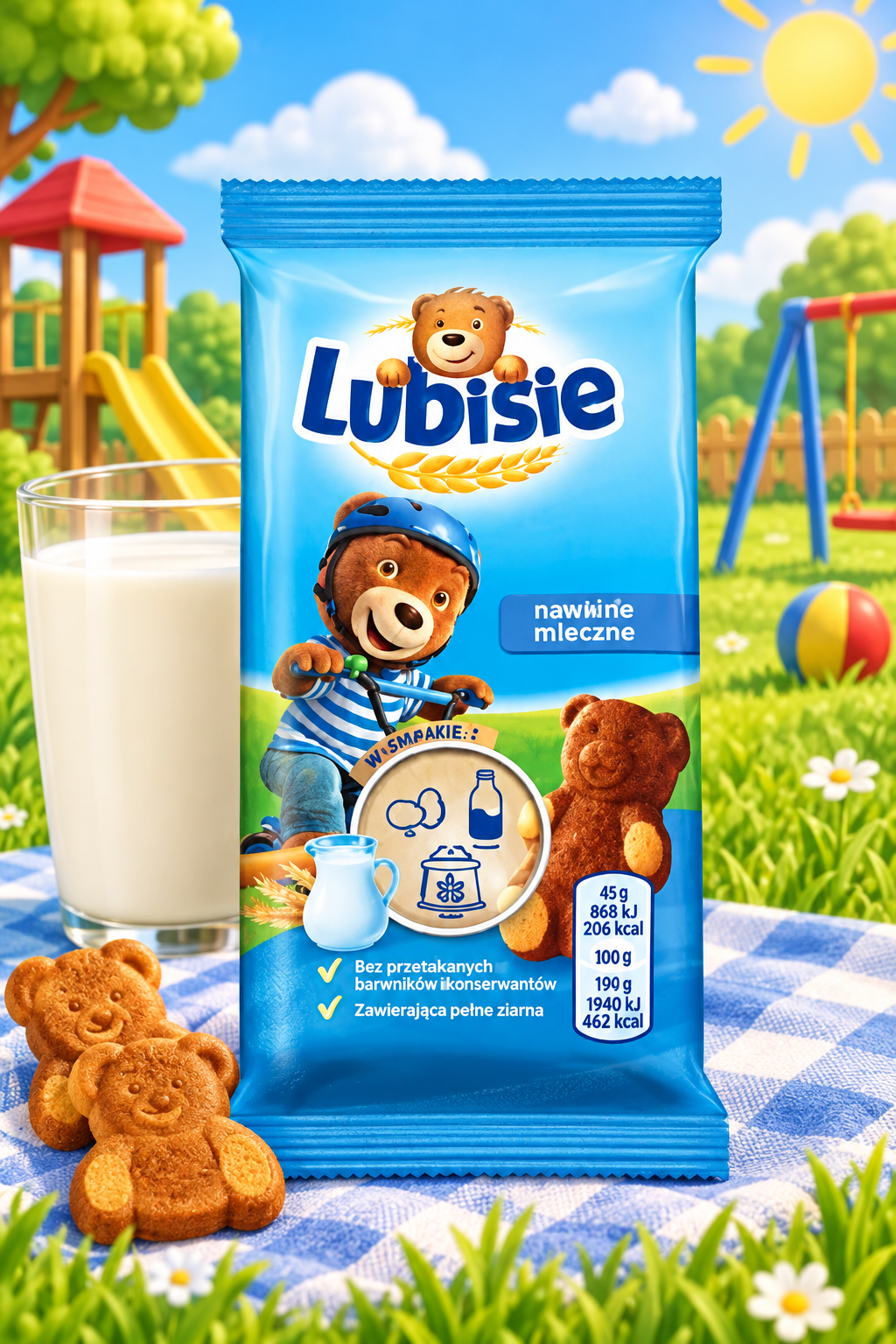 Lubisie Milk Bear Biscuits on a playful playground background