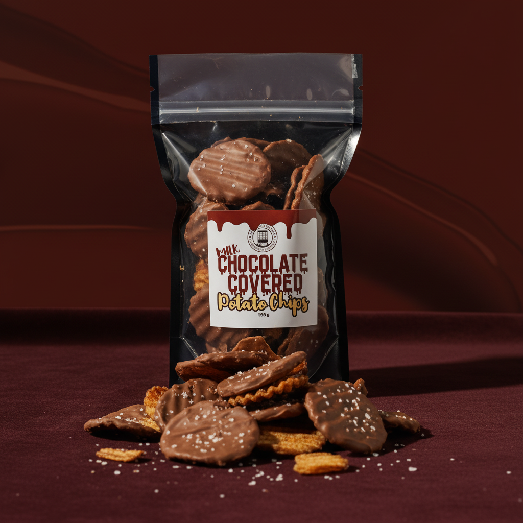 Milk Chocolate Covered Potato Chips – moody burgundy lifestyle scene