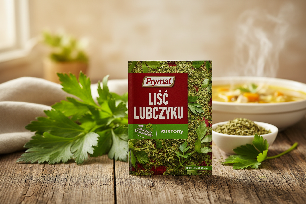 Prymat dried lovage leaves packet on a rustic wooden table with fresh large serrated lovage herb leaves scattered artfully and small white ceramic bowl of dried lovage and steaming bowl of golden Polish rosół chicken broth in the background