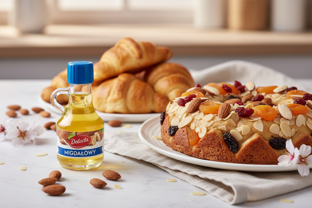 Delecta almond flavouring bottle on a marble surface with almond croissants and a marzipan-topped mazurek Easter cake with scattered almonds and blossoms