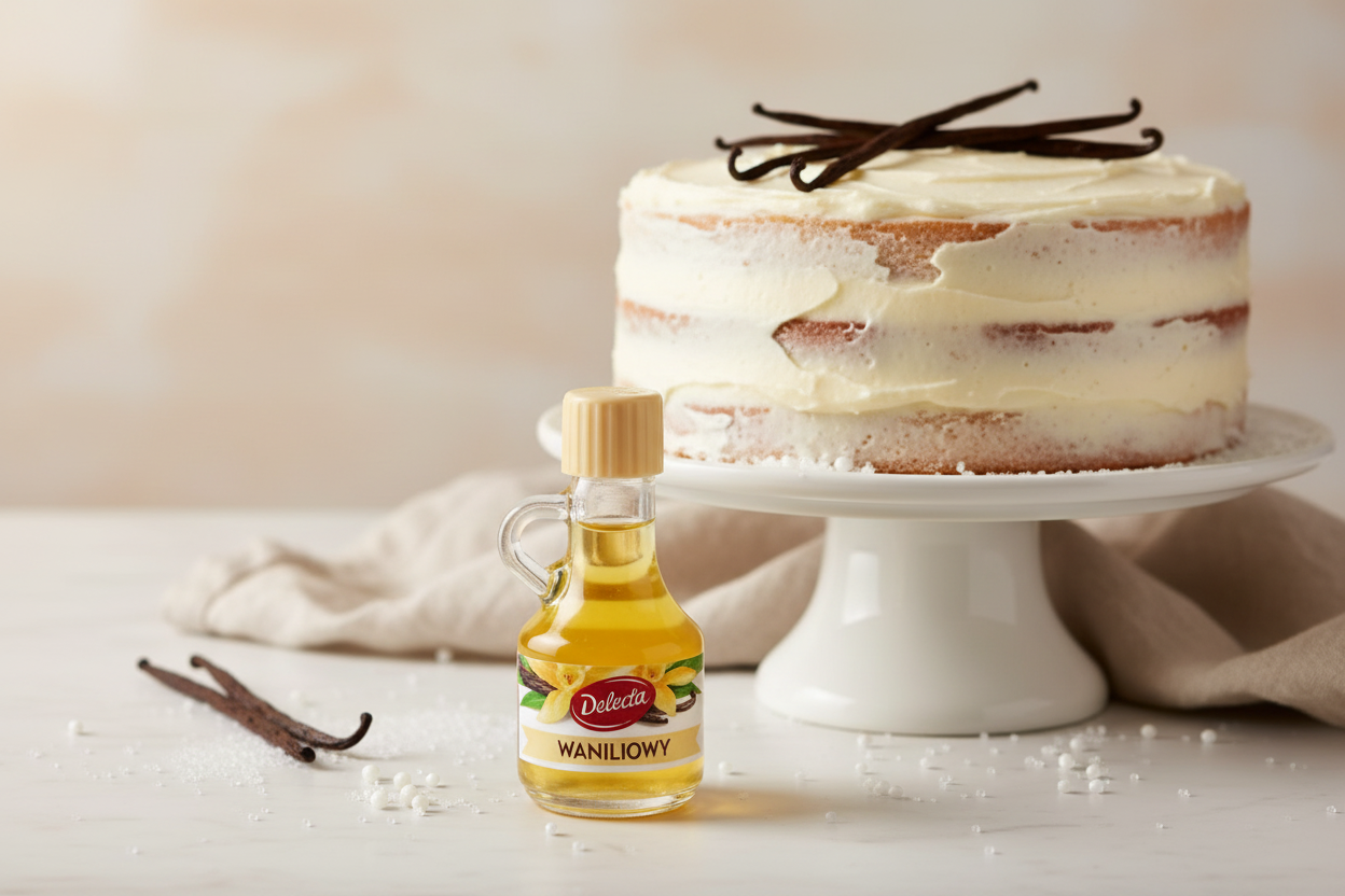 Delecta vanilla flavouring bottle on a marble surface with a white vanilla cream layer cake on a cake stand and scattered vanilla pods