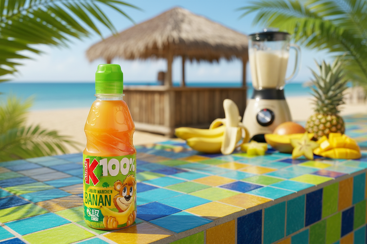 Kubus 100% Banana Juice Kids at beachside smoothie bar with tropical fruits