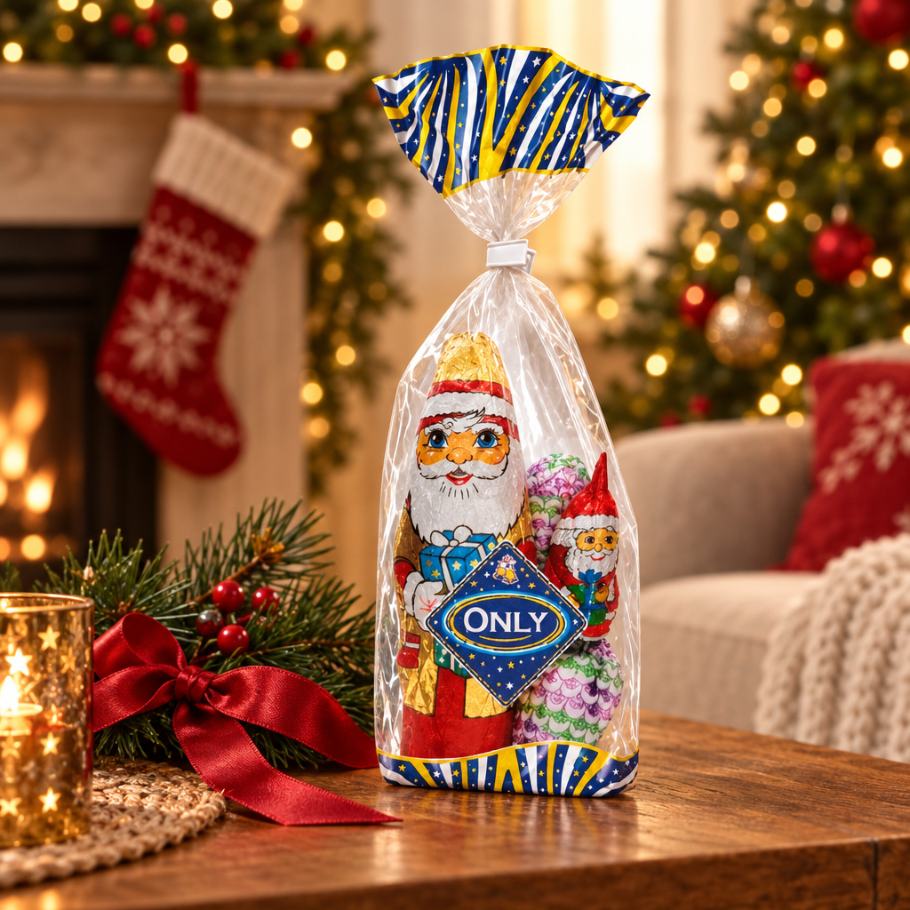 ONLY Santa Christmas gift bag in a festive living room