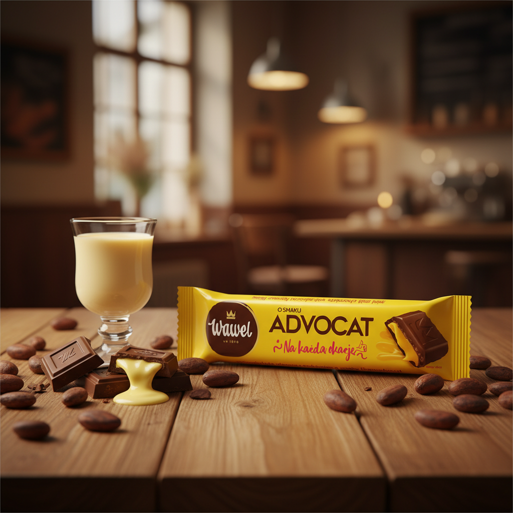 Wawel Advocat chocolate bar at a cozy European café with advocaat liqueur glass