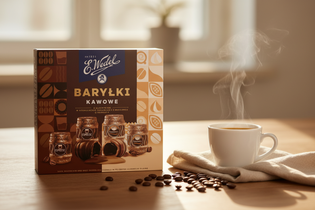 E.Wedel Baryłki Kawowe coffee chocolates on a sunlit breakfast table with espresso