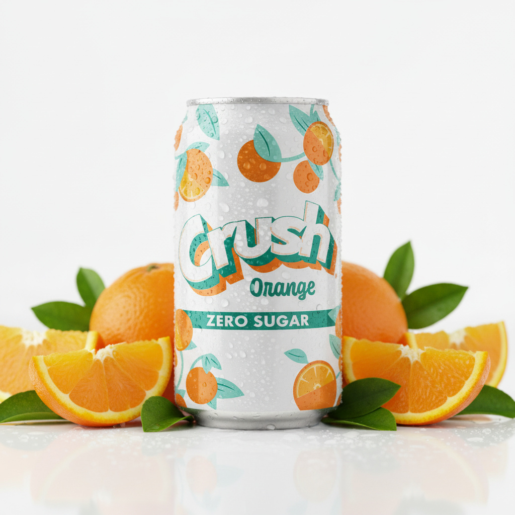 Crush Orange Zero Sugar can with fresh orange slices and condensation on bright white surface