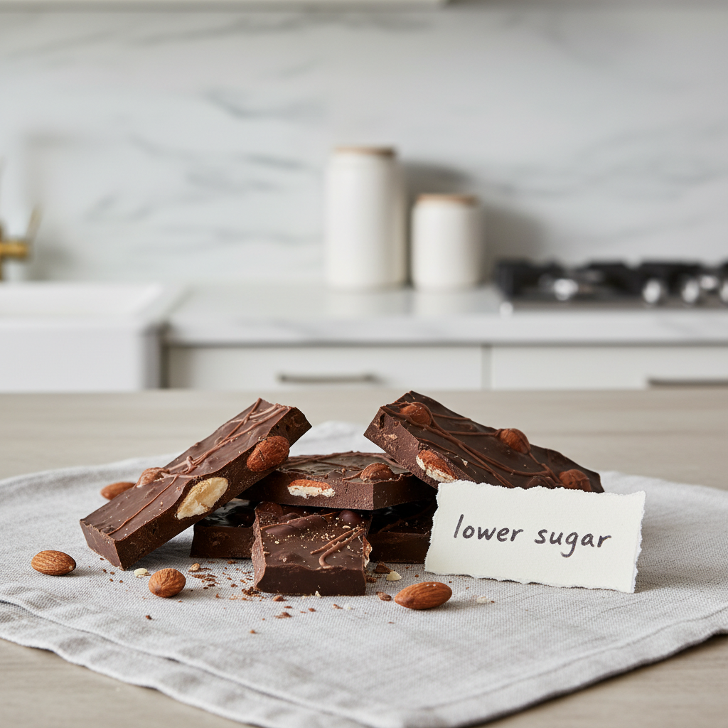 Lower Sugar Milk & Dark Chocolate Bark with Almonds – clean lifestyle scene