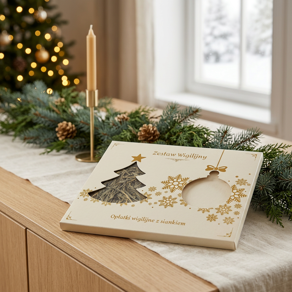 Cream-and-gold Polish Christmas Eve set in a festive sideboard setting