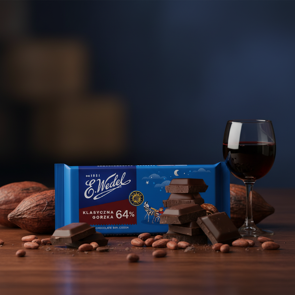 E. Wedel Klasyczna Gorzka 64% dark chocolate bar on dark wood with cacao pods and red wine
