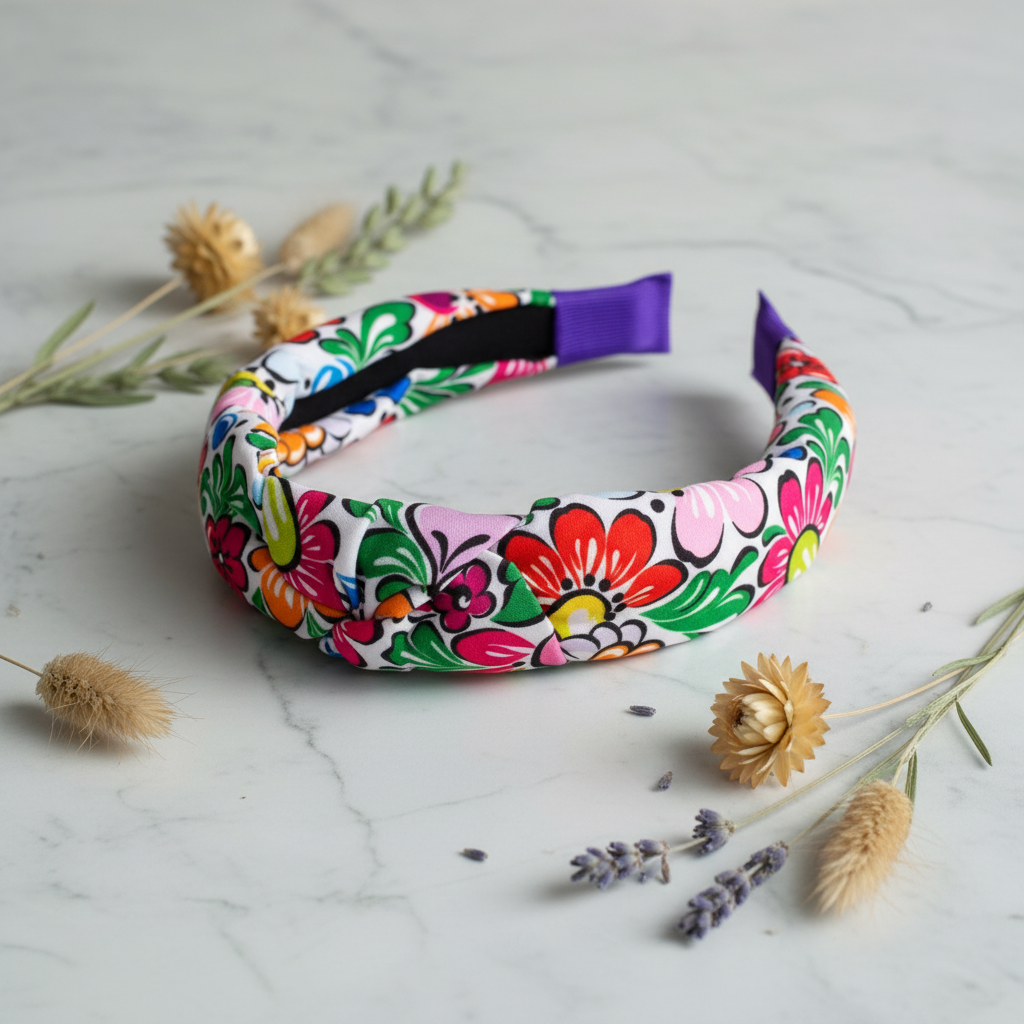 Folkstar Opole folk headband on marble surface with dried wildflowers