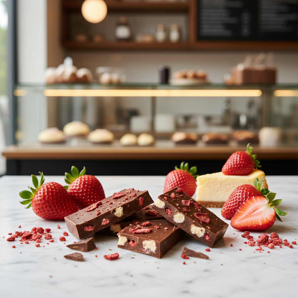 Shockin’ Good Strawberry Cheesecake Bark – bright patisserie lifestyle scene