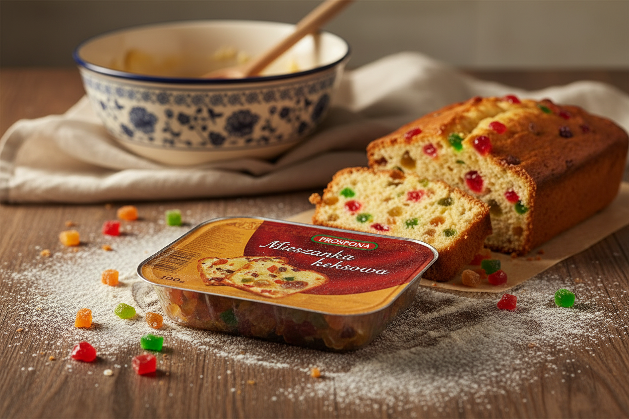 Prospona fruit cake mix on a rustic kitchen table with sliced keks and candied fruit pieces