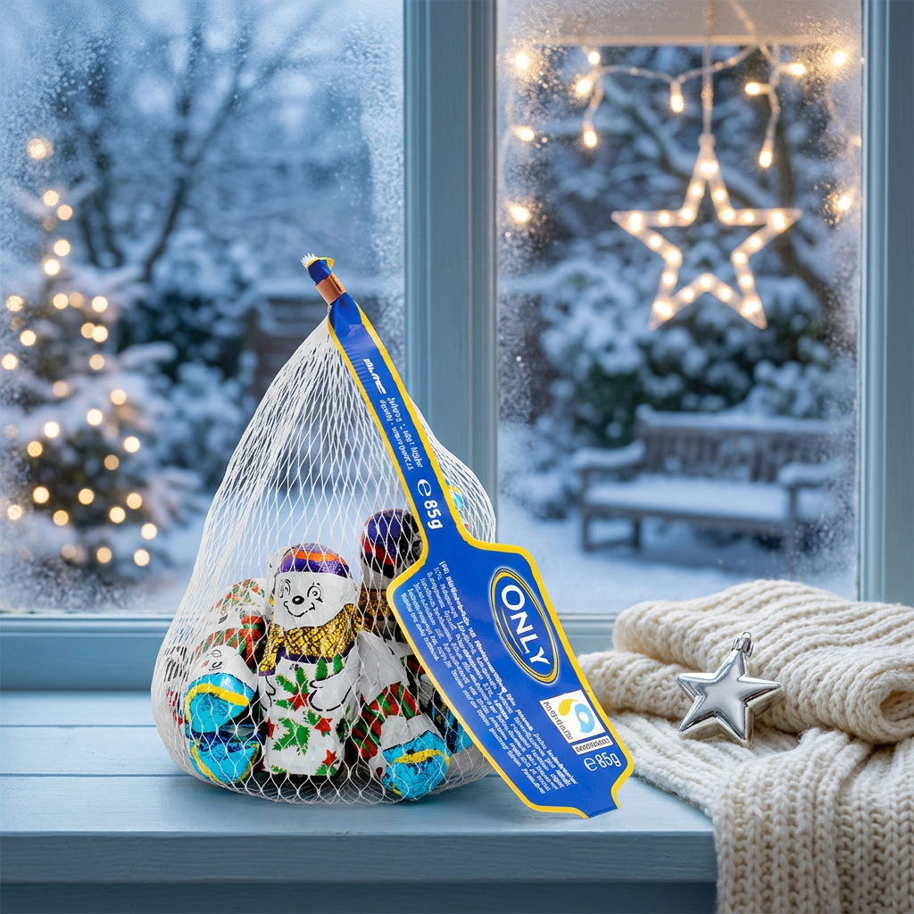 ONLY Christmas Snowmen gift bag in a winter sunroom setting
