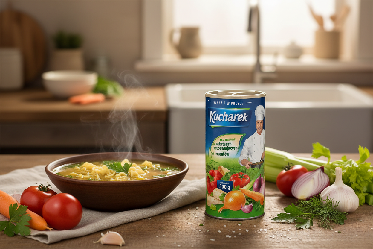 Kucharek 300g seasoning canister on a wooden table with a steaming bowl of golden rosół chicken broth with parsley and noodles and fresh vegetables alongside