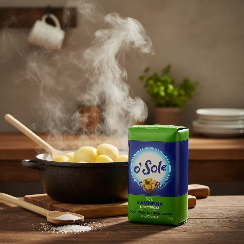 O'Sole Rock Salt styled with a pot of boiling potatoes in a cozy kitchen