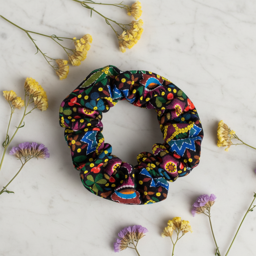 Folkstar Kraków folk scrunchie on marble surface with dried wildflowers