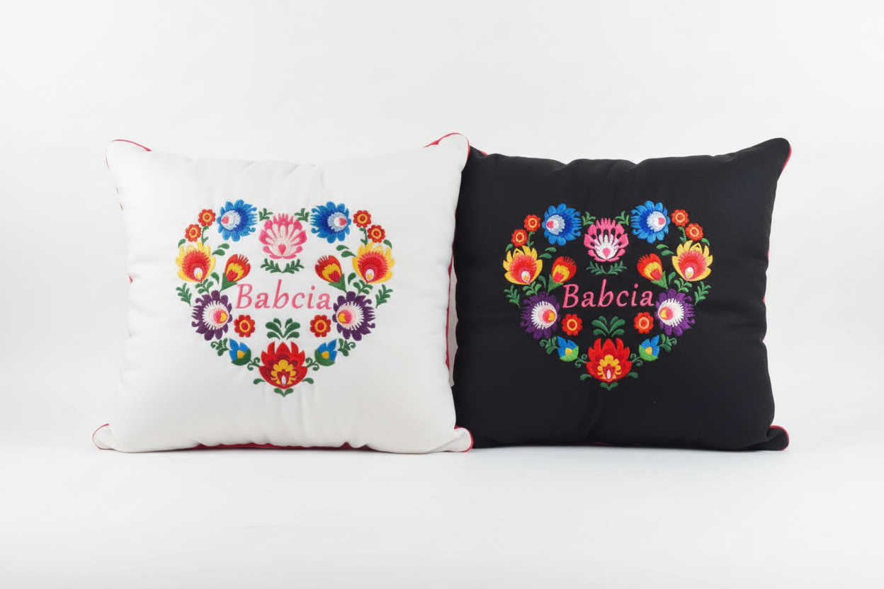 Both Monart Babcia embroidered folk cushions side by side — white and black versions