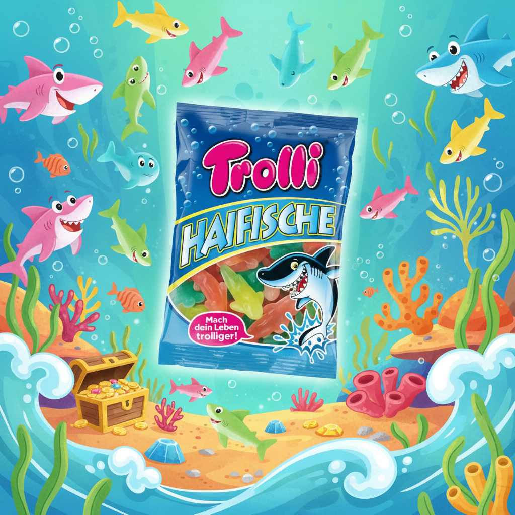 Trolli Haifische with ocean background