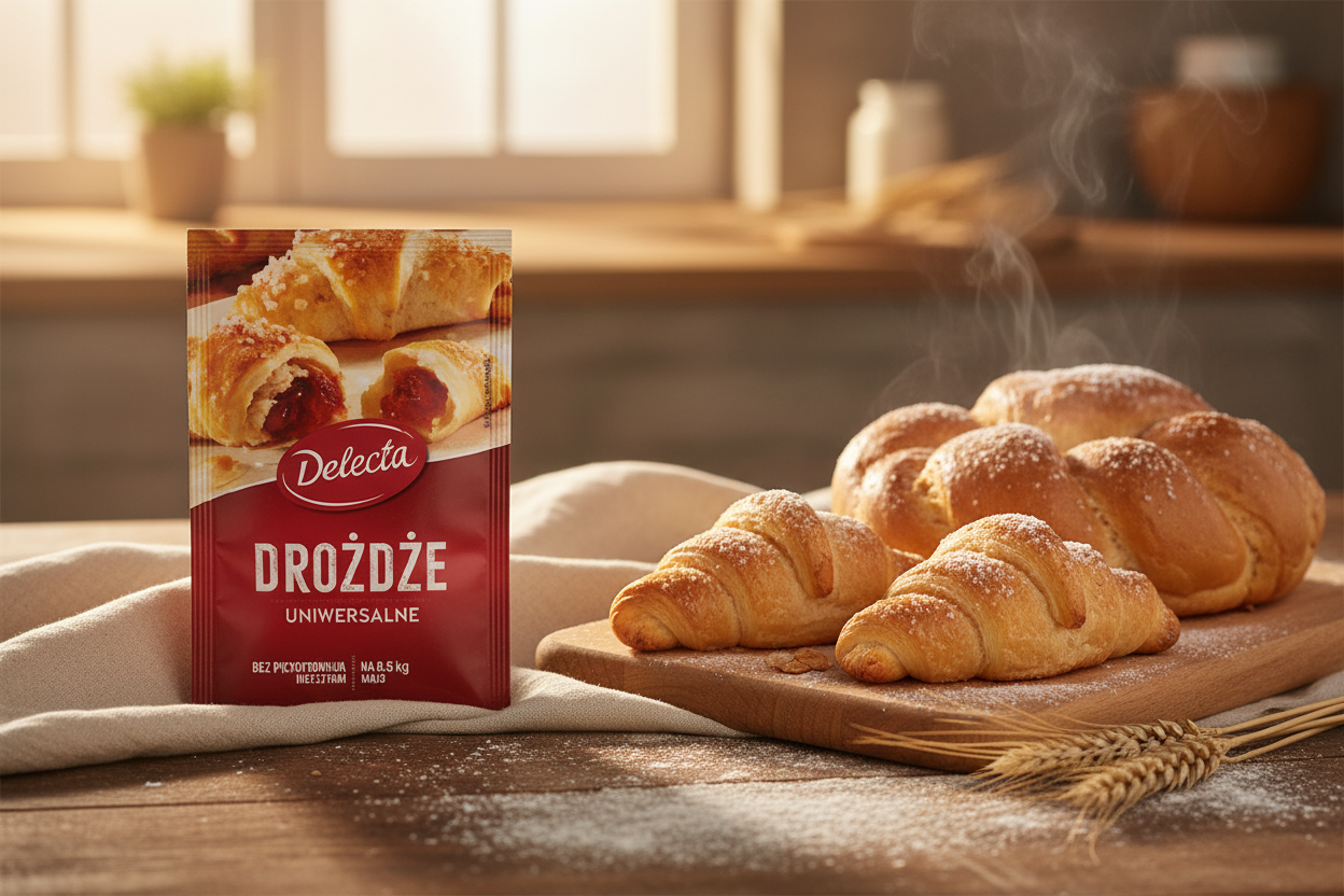 Delecta instant yeast packet on a wooden table with golden croissants and braided bread on a wooden board with scattered flour