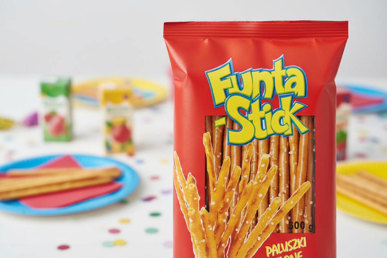 Funta Stick salted breadsticks on kids' party table with colorful plates