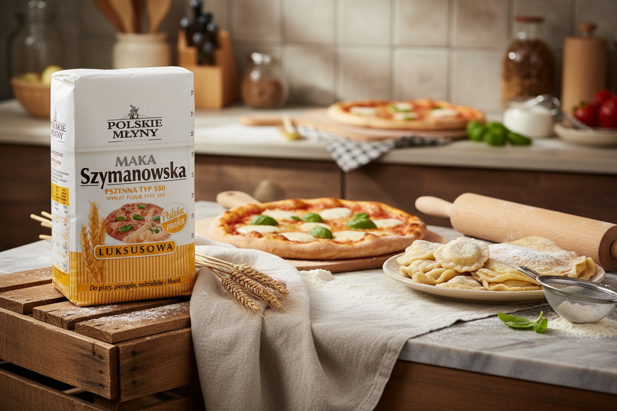 Polskie Młyny Szymanowska Luksusowa flour bag on a marble counter with homemade pizza, pierogi and nalesniki crepes