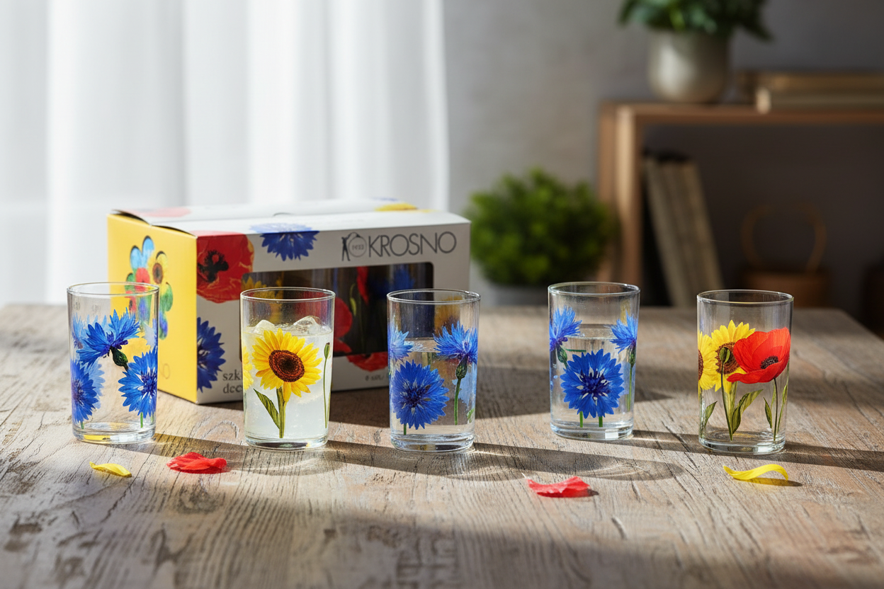 Krosno wildflower decorated glasses set arranged on a wooden table with fresh drinks and gift box