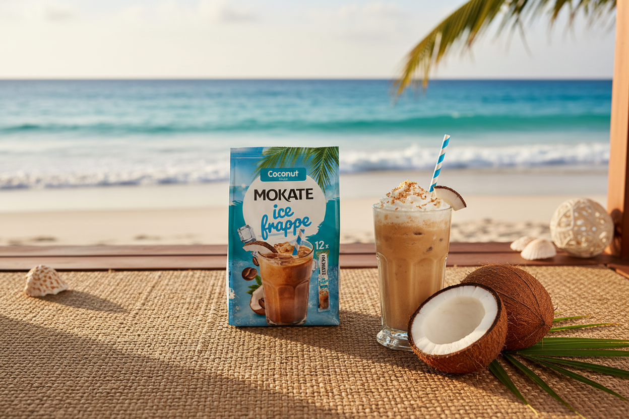 Mokate Ice Frappe Coconut Flavour on a tropical beach cabana with fresh coconuts and turquoise ocean