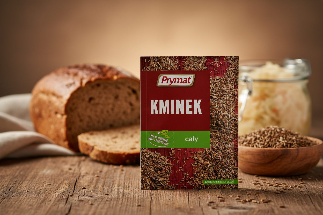 Prymat caraway seeds packet on a rustic wooden table with dark crusty Polish rye bread loaf sliced open with caraway seeds visible and small wooden bowl of whole caraway seeds and jar of kapusta kiszona sauerkraut in the background