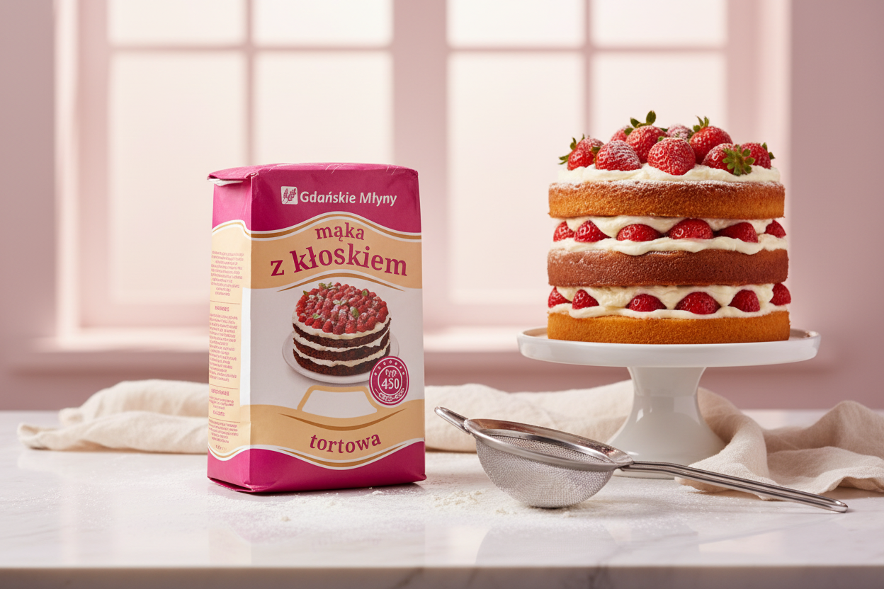 Gdańskie Młyny cake flour bag on a marble table with a layered strawberry cream cake on a cake stand