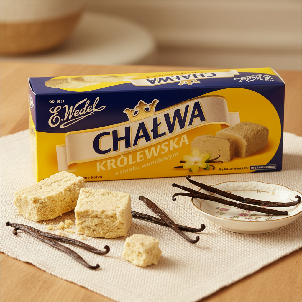 E. Wedel Chałwa Królewska Waniliowa gift box on cream linen with vanilla pods and halva pieces