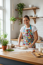 Woman wearing Folkstar white Łowicz folk floral apron with turquoise straps baking in a bright kitchen