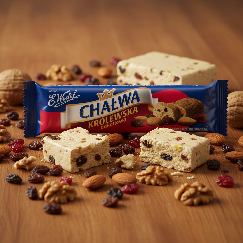 E. Wedel Chałwa Królewska Bakaliowa bar on wooden surface with raisins, almonds and broken halva pieces