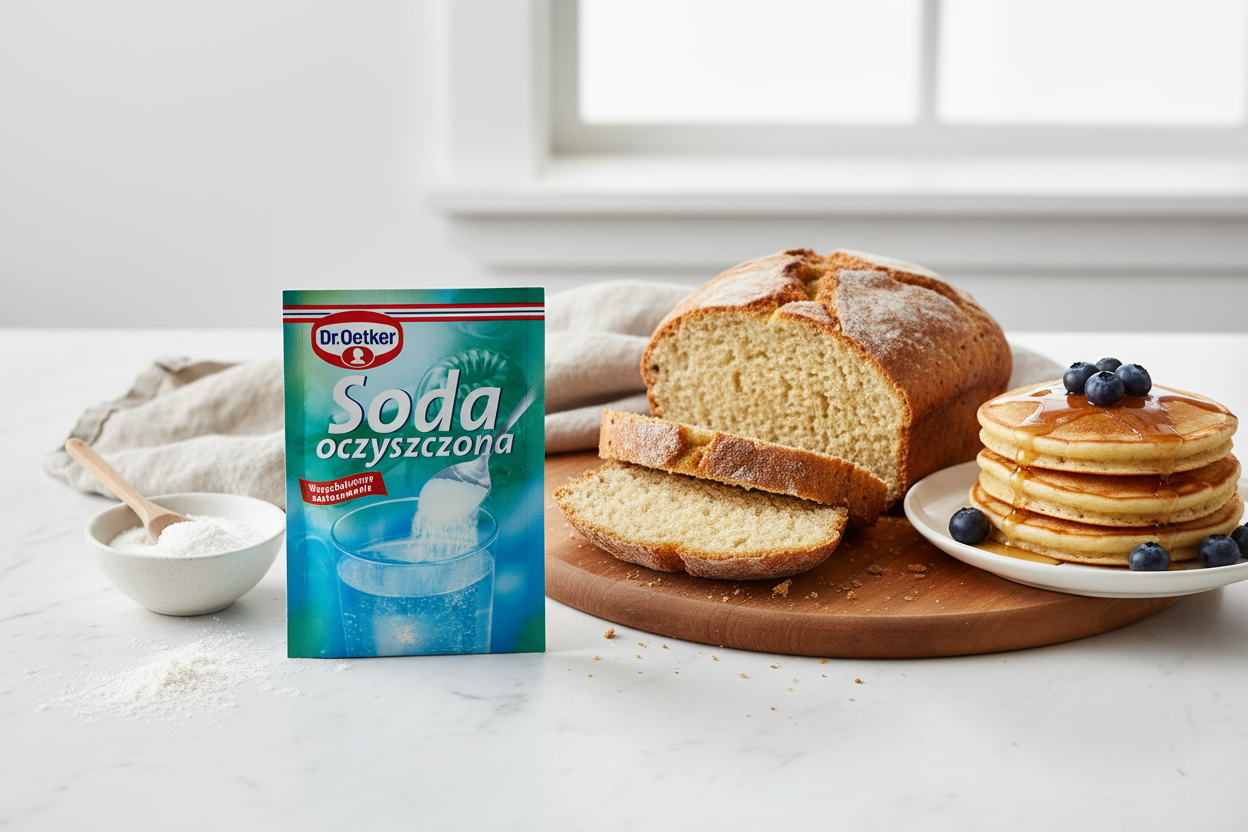 Dr. Oetker baking soda packet on a marble surface with a golden soda bread loaf and fluffy pancakes on a wooden board