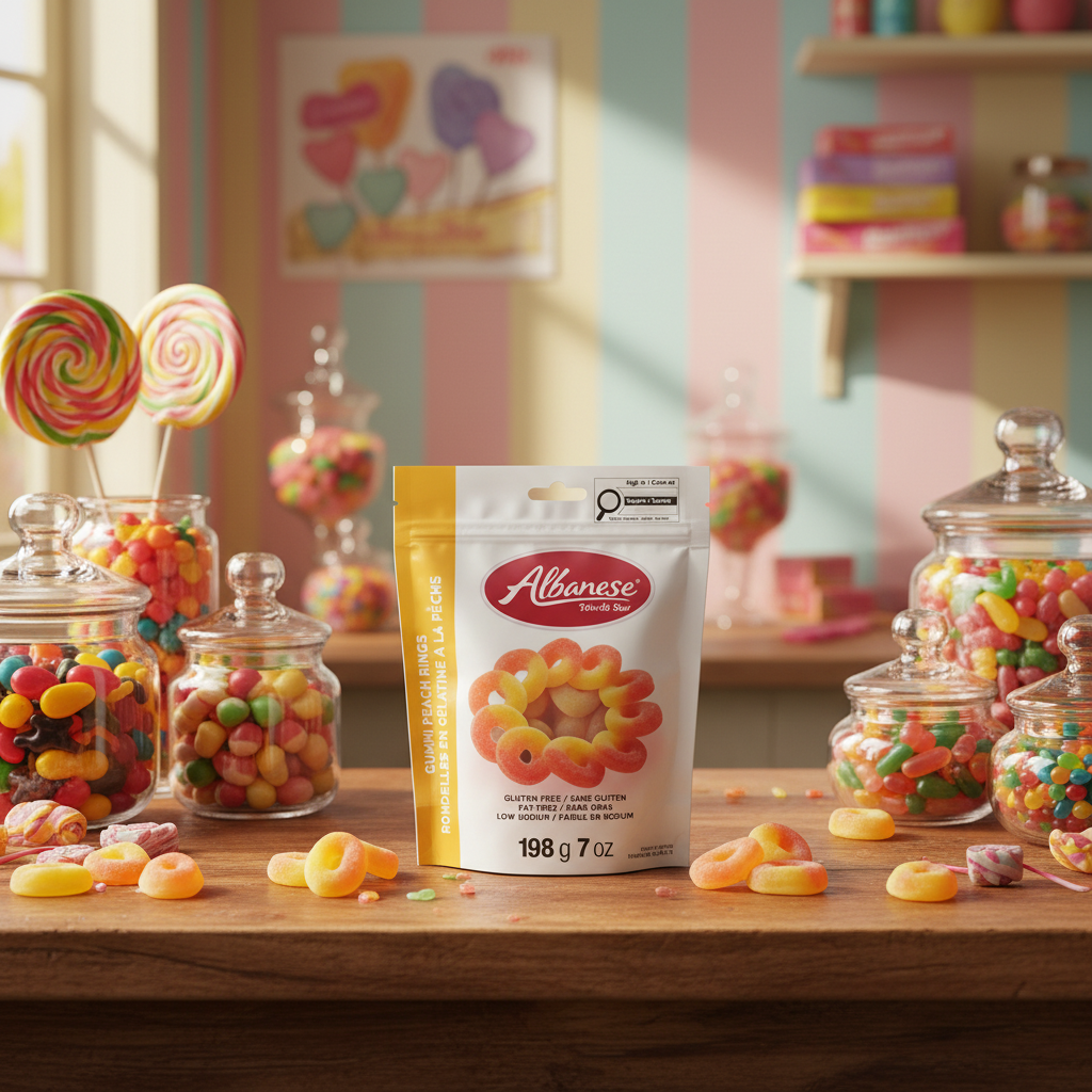 Albarese Gummi Peach Rings in candy shop setting