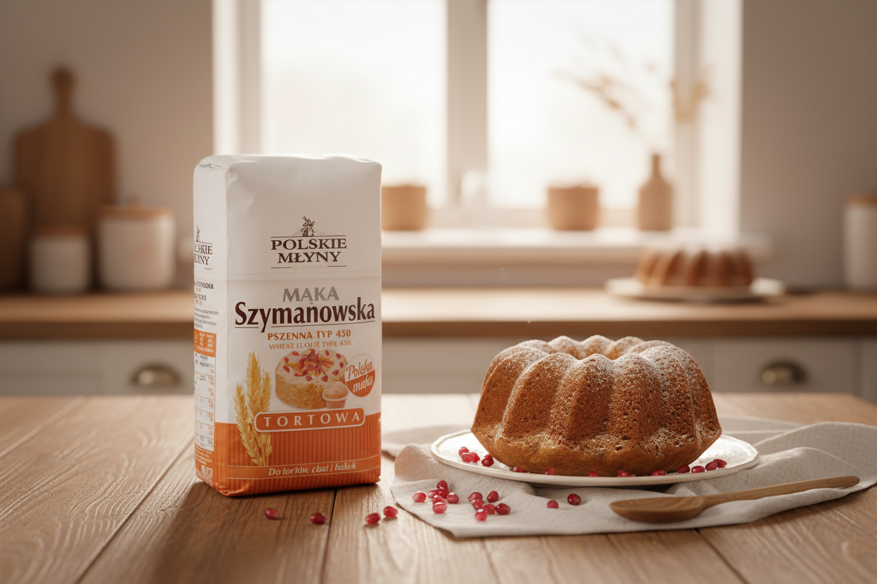 Polskie Młyny Szymanowska cake flour bag beside a golden babka Bundt cake with pomegranate seeds on a warm wooden table