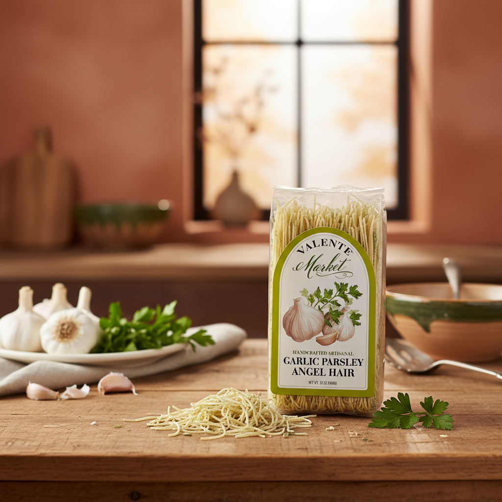 Valente Market Garlic Parsley Angel Hair Pasta package with premium background