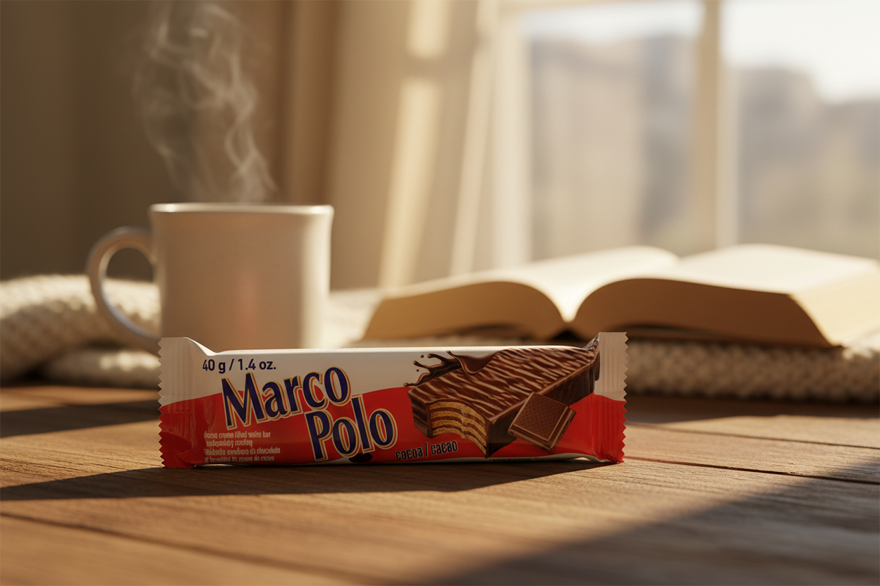 Marco Polo cocoa wafer bar in cozy reading nook with hot chocolate