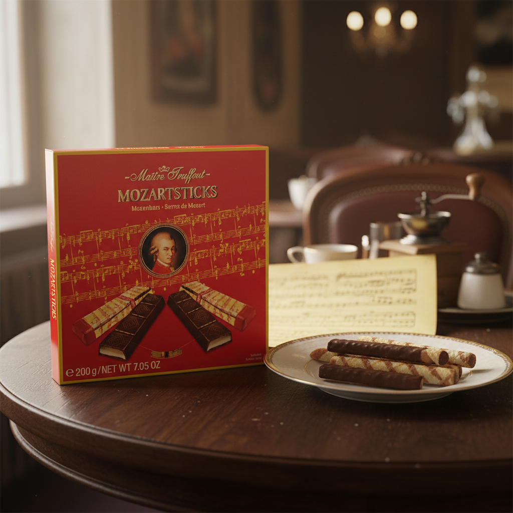 Maitre Truffout Mozartsticks with realistic classical music background and wafer pieces on plate