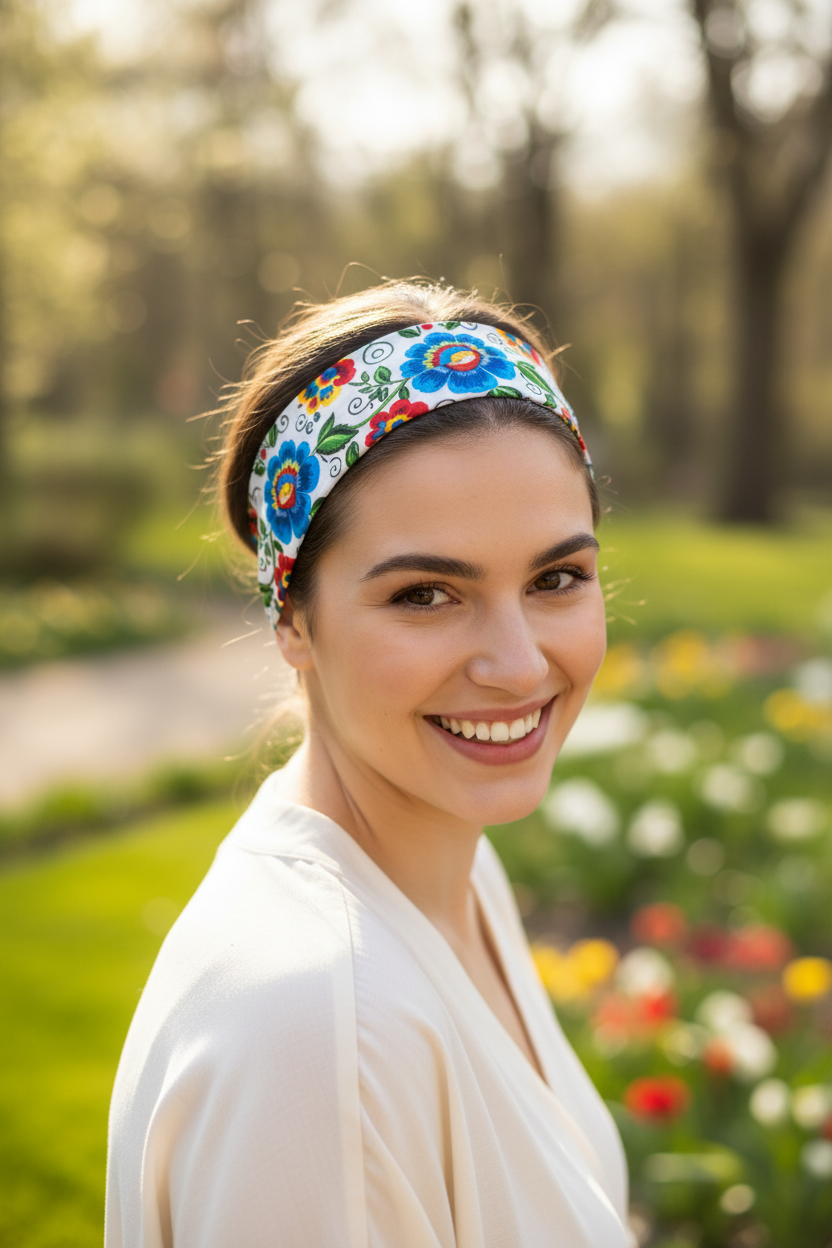 Young woman wearing a white Kashubian folk floral fabric headband outdoors in natural daylight