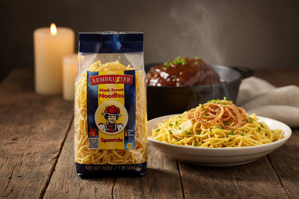 Armbruster Black Forest Spätzle bag on a rustic wooden table with steaming bowl of golden buttered Spätzle egg noodles with crispy caramelised onions and fresh chives alongside rich dark Sauerbraten beef roast with gravy in cast iron pot in warm amber candlelight