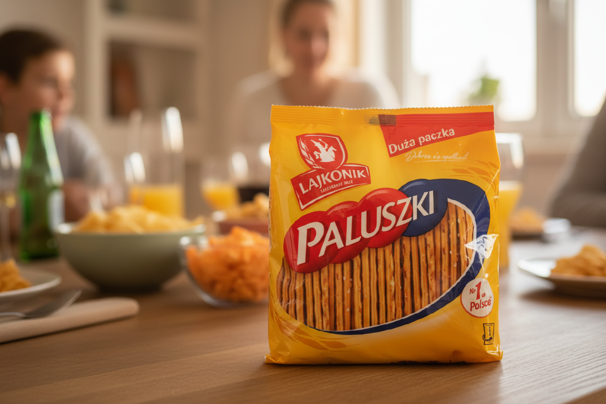 Lajkonik salted breadsticks large pack on family gathering table