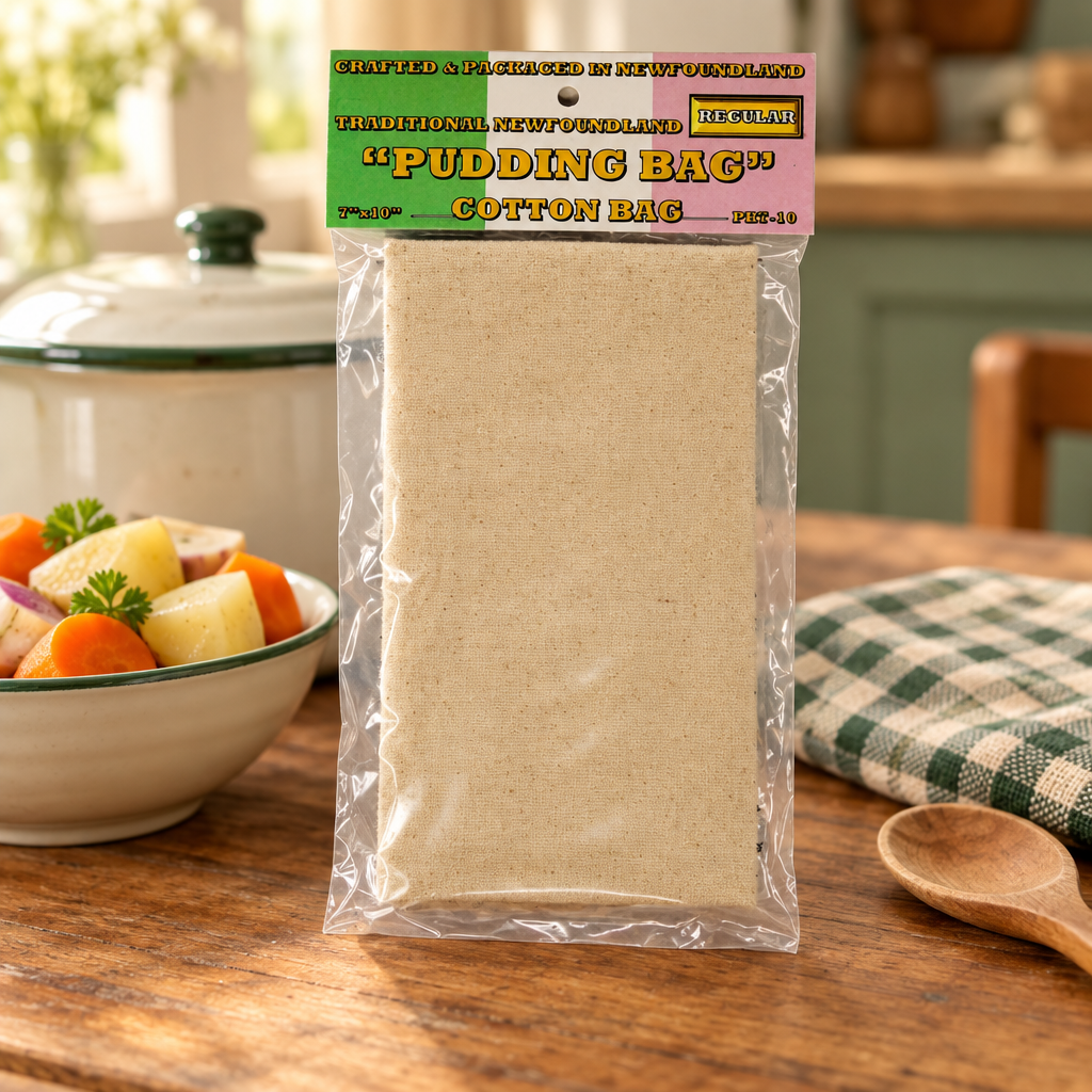 Packaged regular Traditional Newfoundland cotton pudding bag on a cozy Sunday dinner table